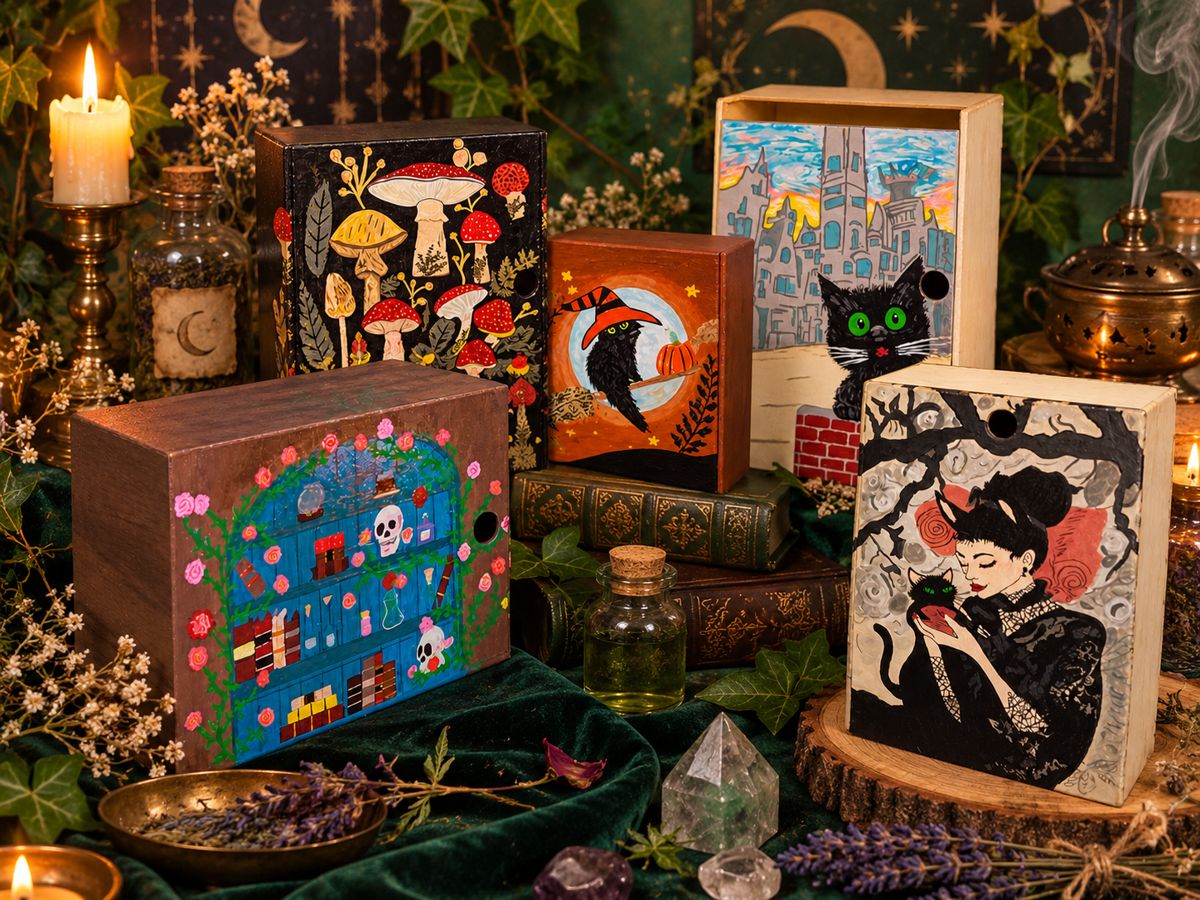 Colección de cajas brujas pintadas entre velas, hierbas y cristales