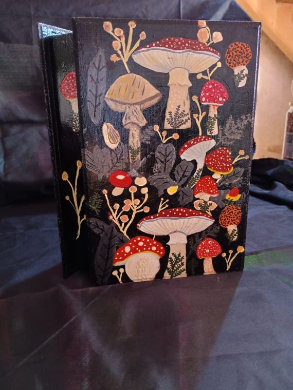 Caja negra con hongos amanita pintados