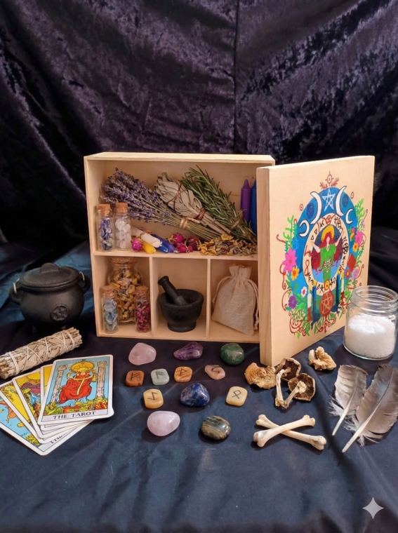 Caja bruja de la rueda lunar con hierbas, cristales, runas, mortero y tarot