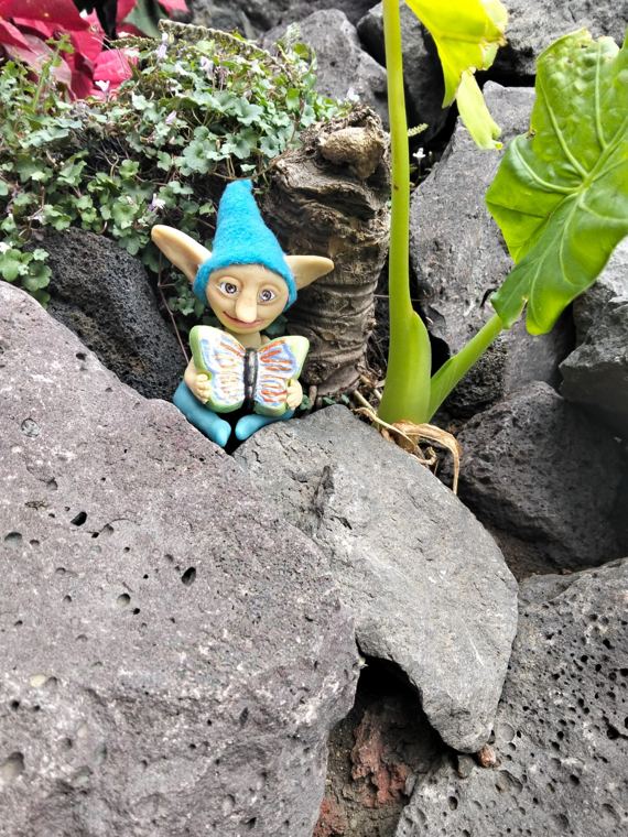 Duende de gorro turquesa sosteniendo una mariposa